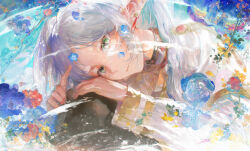 1girl absurdres blue_flower capelet closed_mouth daylightallure earrings elf falling_petals floating_earring flower frieren green_eyes hair_flower hair_ornament head_tilt highres himmel_(sousou_no_frieren) jewelry leaning_on_object long_sleeves looking_at_viewer lying parted_bangs petals pointing pointy_ears red_flower remembering rock solo sousou_no_frieren teardrop_earrings twintails white_capelet white_hair yellow_flower