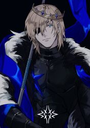 1boy armor banana69281 black_armor black_background black_fur blonde_hair blue_cape blue_eyes breastplate cape closed_mouth commentary crest crown dimitri_alexandre_blaiddyd dimitri_alexandre_blaiddyd_(timeskip) english_commentary eyepatch family_crest fire_emblem fire_emblem:_three_houses fur-trimmed_cape fur_trim gauntlets hair_behind_ear looking_to_the_side male_focus medium_hair nintendo one_eye_covered sideways_glance simple_background smile solo upper_body white_fur