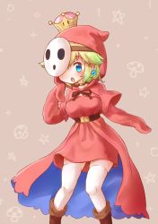 1girl arinu belt blue_eyes female_focus green_hair highres hood hoodie mario_(series) mask new_super_mario_bros._u_deluxe nintendo personification shy_guy solo super_crown