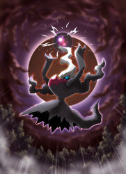 absurdres arms_up artist_request blue_eyes cloud cloudy_sky darkrai emphasis_lines energy_ball floating fog full_body gen_4_pokemon highres legendary_pokemon mythical_pokemon night nintendo no_humans official_art outdoors pokemon pokemon_(creature) pokemon_focus sky solo third-party_source tree