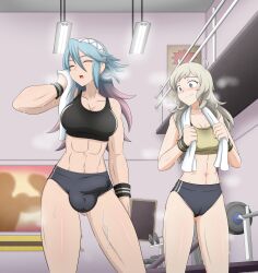 Rule 34 | 1futa, 1girl, abs, absurdres, blonde hair, blue hair, blush, breasts, bulge, buruma, closed eyes, closed mouth, commission, commissioner upload, dumbbell, fire emblem, fire emblem fates, futa with female, futanari, gluteal fold, gradient hair, grey eyes, gym, hair between eyes, hair ornament, heavy breathing, highres, holding, holding towel, indoors, large breasts, long hair, looking at another, luna xd, medium breasts, multicolored hair, navel, nintendo, open mouth, ophelia (fire emblem), pink hair, precum, precum through clothes, railing, shorts, soleil (fire emblem), sports bra, sweat, testicles, toned, toned female, towel, towel around neck, very long hair, wristband