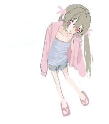 1girl absurdres alternate_costume arms_at_sides blue_camisole brown_hair camisole dolphin_shorts flip-flops full_body grey_shorts grin hansei_(oisiikonnyaku) highres jacket leaning_to_the_side long_hair looking_at_viewer natori_sana open_clothes open_jacket pink_jacket red_eyes sana_channel sandals short_shorts shorts sleeves_past_fingers sleeves_past_wrists smile solo standing striped_camisole twintails virtual_youtuber