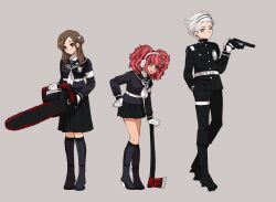 1boy 2girls alternate_costume armpits axe bent_over black_boots black_pants black_shirt black_skirt blue_eyes boots brother_and_sister brown_hair chainsaw creator_connection crossover full_body gloves grey_background grey_eyes gun highres holding holding_axe holding_chainsaw holding_gun holding_revolver holding_weapon kurashiki_akane kyokugen_dasshutsu kyokugen_dasshutsu:_9_jikan_9_nin_9_no_tobira last_defense_academy_school_uniform long_hair looking_at_viewer multiple_girls one_eye_closed open_mouth pants pink_hair pleated_skirt purple_eyes santa_(kyokugen_dasshutsu) shirt siblings simple_background skirt standing the_hundred_line_-last_defense_academy- twintails weapon white_gloves white_hair wink yotsuba_(kyokugen_dasshutsu) zero_(misamxsa08)
