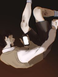 1boy black_shorts brown_vest bruise bruise_on_leg censored censored_identity collared_shirt falling feet_out_of_frame glowing highres holding holding_phone injury macaronijail male_focus oldest_dream omniscient_reader&#039;s_viewpoint outstretched_arm phone shirt shorts socks solo vest white_shirt white_socks