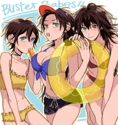 3girls :o ahoge barefoot between_legs bikini black_hair blue_background blue_eyes breasts buster_bros!!! choker collarbone cowboy_shot curtained_hair english_text fingernails food foot_up frilled_bikini frills front-tie_bikini_top front-tie_top genderswap genderswap_(mtf) gluteal_fold green_eyes groin group_name hair_between_eyes hand_between_legs hand_on_own_thigh hand_up heterochromia holding holding_food holding_popsicle holding_swim_ring hypnosis_mic innertube leaning_forward long_hair looking_at_viewer medium_breasts mellyface melting_popsicle mole mole_under_eye mole_under_mouth multiple_girls multiple_moles navel outline parted_bangs parted_lips popsicle raised_eyebrows red_eyes short_hair short_shorts shorts siblings sisters small_breasts smile swim_ring swimsuit v-shaped_eyebrows visor_cap white_background yamada_ichiro yamada_jiro yamada_saburo yellow_eyes yellow_outline