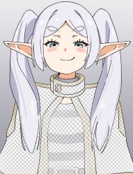 1girl blush_stickers capelet commentary elf fake_transparency frieren green_eyes grey_background highres long_hair long_pointy_ears looking_at_viewer noyama_takenoko parted_bangs pointy_ears simple_background smirk solo sousou_no_frieren twintails upper_body white_hair