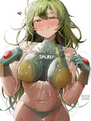 Rule 34 | 1girl, after paizuri, alterkyon, artist name, bikini, bikini bottom only, boku no hero academia, breasts, closed mouth, commentary, crop top, cum, cum in clothes, deku&#039;s photo of hagakure toru, gloves, green eyes, green hair, hagakure toru, highres, large breasts, licking lips, long hair, looking at viewer, multicolored hair, navel, official alternate costume, purple hair, simple background, smile, solo, splatter, sweat, swimsuit, tongue, tongue out, two-tone hair, unusually visible, very long hair, white background