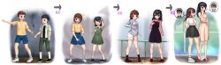 2girls 4boys absurdres age_progression arms_behind_back arrow_(symbol) black_choker black_hair black_shoes black_skirt black_socks blue_shorts blue_socks blush breasts brown_eyes brown_hair choker commission crotch_grab dress genderswap genderswap_(mtf) green_dress highres long_hair low_ponytail medium_breasts multiple_boys multiple_girls open_mouth original paid_reward_available pink_dress ponytail progression sakatsu_nikara shirt shoes shorts skeb_commission skirt socks transformation white_shirt white_shoes white_socks yellow_shirt