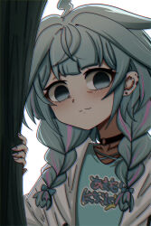 1girl :3 ahoge aqua_eyes aqua_hair artist_request blush bow braid character_request choker earclip earrings empty_eyes hair_bow jewelry looking_at_viewer multicolored_hair pink_hair smile solo twin_braids two-tone_hair yandere
