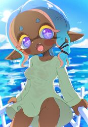 1girl blue_eyes blue_hair blush breasts cephalopod_eyes cloud collarbone covered_erect_nipples cross-shaped_pupils dark_skin dress fangs frye_(splatoon) green_dress ikaheigen inkling long_sleeves looking_at_viewer medium_breasts nintendo no_panties ocean open_mouth pointy_ears see-through_clothes see-through_dress short_hair sky smile splatoon_(series) splatoon_3 squid_girl standing symbol-shaped_pupils tentacle_hair water wind wind_lift