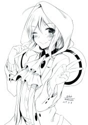 1girl ahoge aikawa_miyuu blush greyscale hair_between_eyes highres hood hood_up hoodie jacket long_hair long_sleeves looking_at_viewer monochrome occultic;nine one_eye_closed science_adventure simple_background smile solo tagme upper_body white_background yakku