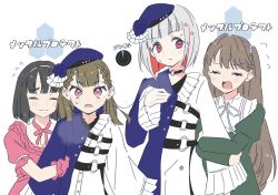Rule 34 | 4girls, asymmetrical clothes, asymmetrical coat, black choker, black hair, blue coat, blunt bangs, blunt ends, bob cut, braid, breath, brown hair, center-flap bangs, choker, closed eyes, closed mouth, coat, colored inner hair, commentary, dakishimeru hanabira (love live!), diagonal bangs, diamond hair ornament, dress, frilled dress, frills, fujishima megumi, gameplay ability, gameplay mechanics, green dress, grey hair, grey ribbon, hairband, health bar, hexagon, inverted bob, juliet sleeves, kachimachi kosuzu, ladybug (love live!), link! like! love live!, llkapital, long hair, long sleeves, love live!, momose ginko, multicolored hair, multiple girls, neck ribbon, o-ring, o-ring choker, open mouth, pink dress, pink eyes, pink ribbon, puffy short sleeves, puffy sleeves, red eyes, red hair, reflection in the mirror (love live!), ribbon, short hair, short sleeves, side ahoge, side braids, simple background, split mouth, straight hair, streaked hair, sweat, translation request, two side up, upper body, white background, white dress, white hairband, yugiri tsuzuri