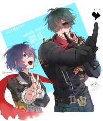 1boy 1girl belle_(zenless_zone_zero) blue_hair chinese_clothes dancing green_eyes highres index_finger_raised index_fingers_raised jacket koi_dance leather leather_jacket lighter_(zenless_zone_zero) looking_at_another official_alternate_costume open_mouth outstretched_arm pointing red_scarf scarf short_hair shoulder_spikes smile sparkle spiked_belt spiked_jacket spikes studded_gloves sunglasses torn_clothes torn_scarf upper_body watermark yusetsu0505 zenless_zone_zero
