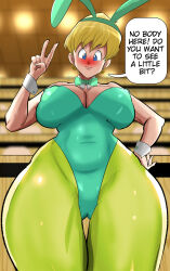 Rule 34 | 1girl, blonde hair, blue eyes, blush, breasts, dragon ball, dragonball z, erasa (dragon ball), guyvanity, large breasts, peace symbol, short hair