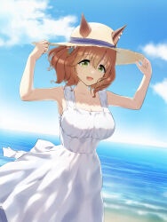 1girl absurdres animal_ears aston_machan_(umamusume) blue_sky breasts brown_hair cleavage cloud cloudy_sky commentary_request dress ear_piercing green_eyes hair_ornament hat highres horse_ears horse_girl medium_breasts ocean piercing short_hair sky solo straw_hat sun_hat sundress umamusume white_dress yamano_boriko
