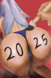 Rule 34 | 1girl, 1other, 2025, absurdres, all fours, anus, anus peek, ass, ass focus, blue hair, blue panties, blurry, blurry foreground, body writing, bodypaint, character request, colored inner hair, copyright request, dark anus, depth of field, feet out of frame, from above, from behind, highres, holding, holding paintbrush, huge ass, long hair, median furrow, multicolored hair, out of frame, paint, paintbrush, panties, red background, rito (ritoxiaying), simple background, solo focus, steam, steaming body, straight hair, topless female, underwear, underwear only, white hair