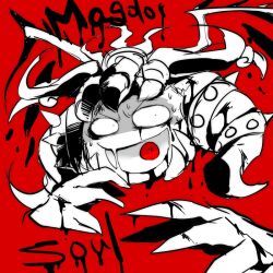 1boy armlet character_name claws commentary_request crazy crazy_smile demon_wings disembodied_hand dripping extra_ears jewelry kirby_(series) magolor magolor_soul master_crown monochrome nintendo no_humans rayman_limbs red_background shirushiki smile solo spiked_armlet sweat v-shaped_eyebrows wide-eyed wings