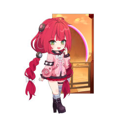 Rule 34 | 1girl, :d, ahoge, ame., black sailor collar, black skirt, boots, bow, braid, brown boots, cardigan, chibi, chibi only, cloud, green eyes, hand up, high heel boots, high heels, highres, long hair, long sleeves, looking at viewer, low twintails, open mouth, orange sky, pink cardigan, pleated skirt, puffy long sleeves, puffy sleeves, red hair, sailor collar, school uniform, serafuku, skirt, sky, smile, solo, sunset, twin braids, twintails, ukinami yuzuha, very long hair, white bow, zenless zone zero