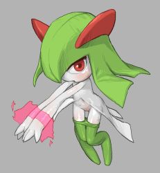 1girl blush bound bound_wrists clothes_pull colored_skin dress energy female_focus full_body gen_3_pokemon green_hair grey_background horns kirlia loli looking_at_viewer nintendo no_humans open_mouth pants pants_pull pokemon pussy red_eyes simple_background standing sweat tosx white_skin
