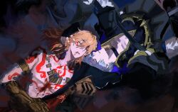 2boys absurdres afloat arm_tattoo armlet armor black_choker black_coat black_gloves black_shirt blonde_hair blood blood_from_mouth blood_on_chest braid chest_tattoo chinese_commentary choker clawed_gauntlets closed_eyes coat commentary_request dark_persona earrings facial_tattoo fingerless_gloves flame_reaver_of_the_deepest_dark gloves gold_earrings gold_necklace gradient_hair hair_between_eyes hand_on_another&#039;s_head heads_together highres honkai:_star_rail honkai_(series) hood hood_up jewelry male_focus medium_hair multicolored_hair multiple_boys mydei_(honkai:_star_rail) necklace open_clothes open_coat pauldrons phainon_(honkai:_star_rail) red_hair red_tattoo shirt short_hair shoulder_armor side_braid single_pauldron tattoo toned toned_male wet wet_clothes wet_hair white_coat white_hair yuanqiu52024