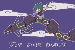 Rule 34 | 1boy, :d, alternate color, black jacket, black shoes, blush, chibi, claws, commentary request, dragon, eastern dragon, fang, from side, gen 3 pokemon, green hair, green shirt, grey pants, highres, holding, jacket, legendary pokemon, male focus, nintendo, omotemuki, open mouth, outstretched arm, pants, pokemon, pokemon (anime), pokemon horizons, rayquaza, riding, riding pokemon, sableye, shiny pokemon, shirt, shoes, short sleeves, sitting, smile, tongue, translation request, ult (pokemon)