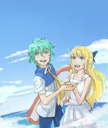 10s 1boy 1girl aqua_hair azugo_(yifanwu) bad_id bad_pixiv_id blonde_hair blue_eyes bow cloud day dress eureka_seven_(series) eureka_seven_ao fleur_blanc fukai_ao hair_bow long_hair ocean purple_eyes sky