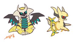 alternate_color arceus artist_name auko black_sclera blue_eyes chibi colored_sclera creatures_(company) dragon dragon_wings full_body game_freak gen_4_pokemon giratina giratina_(altered) green_sclera jumping legendary_pokemon looking_to_the_side mythical_pokemon nintendo no_humans pokemon pokemon_(creature) pokemon_dppt red_eyes running shiny_pokemon signature simple_background sitting tail text_focus white_background wings