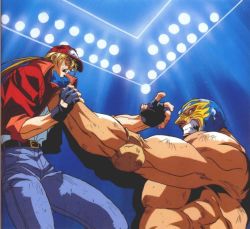 1990s_(style) 2boys baseball_cap battle big_bear black_gloves blue_gloves denim fangs fatal_fury fatal_fury:_legend_of_the_hungry_wolf fighting fingerless_gloves game gloves hat highres jeans jewelry luchador luchador_mask male_focus mask multiple_boys muscular muscular_male oobari_masami pants raiden raiden_(fatal_fury) retro_artstyle ring snk terry_bogard wrestler