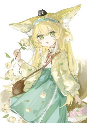 Rule 34 | 1girl, absurdres, animal ears, arknights, basket, blonde hair, blue hairband, cardigan, commentary, flower, fox ears, fox girl, fox tail, frilled hairband, frills, green eyes, hairband, highres, holding, holding flower, long hair, long sleeves, neck ribbon, nia (2086966598), official alternate costume, open mouth, ribbon, shirt, skirt, solo, suzuran (arknights), suzuran (spring praise) (arknights), tail, white background, white shirt, yellow cardigan