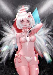 1girl animal_ears arm_behind_back arm_up bow bow_panties bowtie bra commentary_request cowboy_shot female_focus gloves grey_eyes hair_between_eyes hair_ornament halo holding holding_knife kemono_friends knife looking_at_viewer multicolored_hair navel notora open_mouth panties pig_(kemono_friends) pig_ears pig_tail pink_bow pink_bra pink_gloves pink_hair pink_panties pink_thighhighs short_hair silver_hair skindentation smile solo stab stomach tail teeth thighhighs underwear underwear_only upper_teeth_only wings
