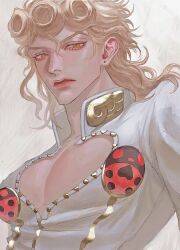 1boy absurdres adam&#039;s_apple blonde_hair cleavage_cutout clothing_cutout collared_jacket curly_hair earrings eyelashes frown giorno_giovanna hair_between_eyes highres jacket jewelry jojo_no_kimyou_na_bouken ladybug_ornament long_hair looking_at_viewer oyatsu_(205415) pectoral_cleavage pectorals red_lips slit_pupils solo stud_earrings studded_jacket upper_body vento_aureo victory_rolls white_background white_jacket wing_ornament yellow_eyes