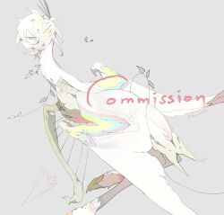 commission feathered_wings feathers from_side grey_background harp highres instrument kamikiririp monster multicolored_wings no_humans original pink_eyes solo white_feathers white_hair wings