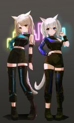 2girls absurdres animal_ears bare_shoulders black_shirt black_shorts black_skirt black_thighhighs blonde_hair blue_eyes boong0619 breasts cat_ears cat_girl cat_tail closed_mouth commission crop_top full_body highres long_hair looking_at_viewer medium_breasts midriff miniskirt multiple_girls orange_eyes original shirt shoes shorts single_sleeve skirt smile standing tail thighhighs twintails white_hair