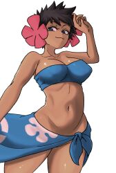 1girl bandeau black_hair blue_bandeau blue_eyes breasts closed_mouth covered_erect_nipples cowboy_shot gen_3_pokemon gigobyte350 hair_ornament half-closed_eyes hand_up highres large_breasts legs midriff naughty_face navel nintendo no_panties phoebe_(pokemon) pokemon pokemon_rse sarong short_hair smile solo thighs