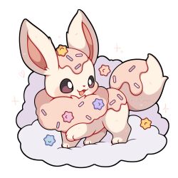 Rule 34 | absurdres, alternate color, animal focus, bright pupils, cloud, eevee, gen 1 pokemon, highres, nintendo, no humans, open mouth, pokemon, pokemon (creature), sevi (seviyummy), simple background, smile, solo, sprinkles, white background, white pupils