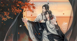 2boys autumn_leaves bishounen black_hair black_hanfu chinese_clothes closed_mouth couple curtains falling_leaves gearous grey_eyes hair_ornament hair_ribbon hanfu headband highres holding_hands hug hug_from_behind indoors lan_wangji leaf long_hair long_sleeves looking_to_the_side male_focus maple_leaf modao_zushi multiple_boys official_art open_mouth outstretched_arm ponytail red_ribbon ribbon robe round_window sidelocks sitting sitting_on_lap sitting_on_person smile tassel tassel_hair_ornament third-party_source topknot tree upper_body vase wei_wuxian white_hanfu white_headband wide_sleeves window xiao_guan_(headdress) yaoi yellow_eyes
