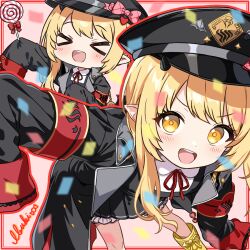 &gt;_&lt; 1girl :d armband black_horns black_wings blonde_hair blue_archive blush boots border candy character_name closed_eyes commentary_request confetti demon_girl demon_horns demon_tail demon_wings dress food gehenna_academy_logo halo hat hat_ornament heart heart_hat_ornament highres holding horns ibuki_(blue_archive) jacket lollipop long_hair long_sleeves looking_at_viewer low_wings multiple_views open_clothes open_jacket open_mouth peaked_cap pinafore_dress pink_background pointy_ears red_armband red_border ribbon sleeveless sleeveless_dress sleeves_past_fingers sleeves_past_wrists smile solo tail tokinin4 wings yellow_boots yellow_eyes yellow_halo