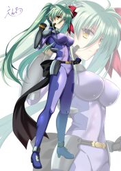Rule 34 | 1girl, blue bodysuit, bodysuit, breasts, closed mouth, covered navel, einhard stratos, endori, full body, green hair, hair ribbon, highres, large breasts, long hair, looking at viewer, lyrical nanoha, mahou shoujo lyrical nanoha vivid, military uniform, numbers&#039; uniform, ponytail, ribbon, simple background, solo, white background, yellow eyes