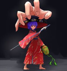 Rule 34 | 1girl, 1other, barefoot, black background, bowl, bowl hat, brown eyes, commentary request, fingernails, hat, highres, holding, holding mallet, holding sewing needle, japanese clothes, kimono, long sleeves, looking at viewer, mallet, mini person, minigirl, miracle mallet, open mouth, purple hair, red kimono, ritsuzou, short hair, solo focus, sukuna shinmyoumaru, touhou, wide sleeves