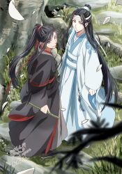 Rule 34 | 2boys, ahoge, black boots, black hair, black hanfu, blurry, blurry foreground, boots, branch, chinese clothes, closed mouth, dated, dizi, falling petals, flower, flute, from above, full body, grass, grey eyes, hair ribbon, hanfu, headband, highres, holding, holding flute, holding instrument, implied yaoi, instrument, kimako (kimako 8), lan wangji, leaf, long hair, long sleeves, looking at viewer, male focus, modao zushi, multiple boys, outdoors, petals, ponytail, red ribbon, ribbon, robe, sash, sidelocks, smile, standing, tassel, topknot, transverse flute, tree, twitter username, very long hair, watermark, wei wuxian, white hanfu, white headband, white petals, wide sleeves, xiao guan (headdress), yaopei, yellow eyes