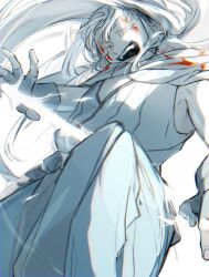 1boy capelet colored_eyelashes energy_blade energy_sword esu_kota facepaint facial_mark fingerless_gloves floating floating_hair gloves highres holding holding_sword holding_weapon long_hair looking_at_viewer original robe shadow smile solo sword teeth tower_of_god underlighting weapon white_(tower_of_god) white_background white_capelet white_eyelashes white_eyes white_gloves white_robe
