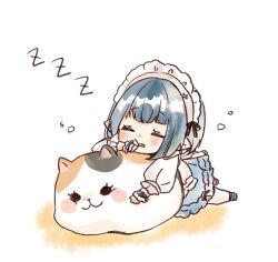 Rule 34 | 1girl, apron, blue dress, blue shoes, blush, chibi, closed eyes, dress, final fantasy, final fantasy xiv, lalafell, long sleeves, maid, maid headdress, pantyhose, parted lips, puffy long sleeves, puffy sleeves, rino cnc, shoes, simple background, sleeping, solo, white apron, white background, white pantyhose, wrist cuffs, zzz
