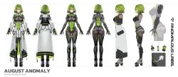 1girl absurdres ambiguous_green_liquid araigumasully ass august_anomaly black_hair black_leotard breasts character_name closed_mouth clothes_writing coat colored_tips covered_navel green_hair highres indie_virtual_youtuber lab_coat leotard multicolored_hair multiple_views open_clothes open_coat radiation_symbol red_eyes reference_sheet second-party_source see-through_cleavage see-through_clothes short_hair virtual_youtuber white_coat