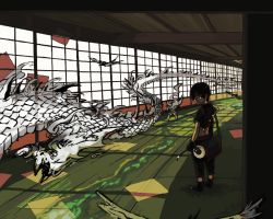 1boy bird black_eyes black_hair calligraphy_brush ceiling dragon eastern_dragon forehead_protector full_body hallway indoors looking_at_viewer male_focus midriff miyano_a naruto_(series) naruto_shippuuden paintbrush sai scabbard scroll sheath shouji sliding_doors solo standing wooden_ceiling aged_down