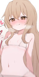 1girl absurdres aisaka_taiga arched_back aroused bikini blush breasts brown_eyes brown_hair commentary_request hair_between_eyes heart highres holding holding_leash implied_bondage leash licking_lips loli long_hair looking_down micro_bikini motion_blur motion_lines navel nicomi-chan simple_background small_breasts smile solo spoken_heart sweat swimsuit tongue tongue_out toradora! upper_body v-shaped_eyebrows very_long_hair white_background