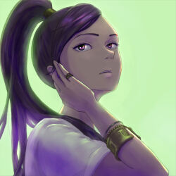 Rule 34 | 1girl, alternate costume, asymmetrical bangs, bracelet, commentary request, dragon quest, dragon quest xi, gold bracelet, green background, hand on own face, high ponytail, jewelry, looking to the side, martina (dq11), multiple bracelets, open mouth, ponytail, popon (user eaem5325), purple eyes, purple hair, ring, shirt, solo, upper body, white shirt