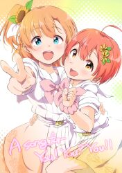 2girls ahoge arm_around_waist blue_eyes blush bow bowtie dotted_background dress english_text flower hair_flower hair_ornament highres hoshizora_rin kosaka_honoka looking_at_viewer love_live! love_live!_school_idol_project multiple_girls one_side_up open_mouth orange_hair outstretched_arm pink_bow pink_bowtie sen_(sen0910) short_hair short_sleeves smile sunflower v yellow_eyes