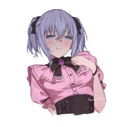 1girl bang_dream! black_bow black_bowtie black_corset blue_eyes blue_hair blush bow bowtie breasts commentary_request corset hair_between_eyes highres jirai_kei kanade_(kanade_3344) kurata_mashiro long_hair medium_breasts pink_shirt pout puffy_short_sleeves puffy_sleeves purple_brooch shirt short_sleeves sidelocks simple_background solo sweatdrop upper_body white_background