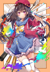 1girl beret black_hair blue_ribbon blue_skirt blush braid cardigan eraser female_focus hair_ornament hair_ribbon hairpin hat highres holding inkwell kisaragi_yuri leg_ribbon long_hair long_sleeves looking_at_viewer m/ marker neckerchief nib_pen_(object) original paint paint_on_fingers paintbrush paintbrush_hair_ornament pen petticoat purple_eyes purple_ribbon red_cardigan red_hat red_ribbon ribbon school_uniform serafuku side_braid sketchbook skirt smile solo thighhighs white_thighhighs yellow_neckerchief