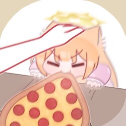 1girl absurdres animal_ears blue_archive blunt_bangs blush brown_background chibi commentary eating english_commentary fang food halo hand_on_another&#039;s_head highres horuhara long_sleeves mari_(blue_archive) motion_blur mouth_hold no_nose orange_hair pajamas pepperoni pink_pajamas pizza polka_dot polka_dot_pajamas skin_fang sleeves_past_wrists solo_focus v-shaped_eyebrows white_background yellow_halo